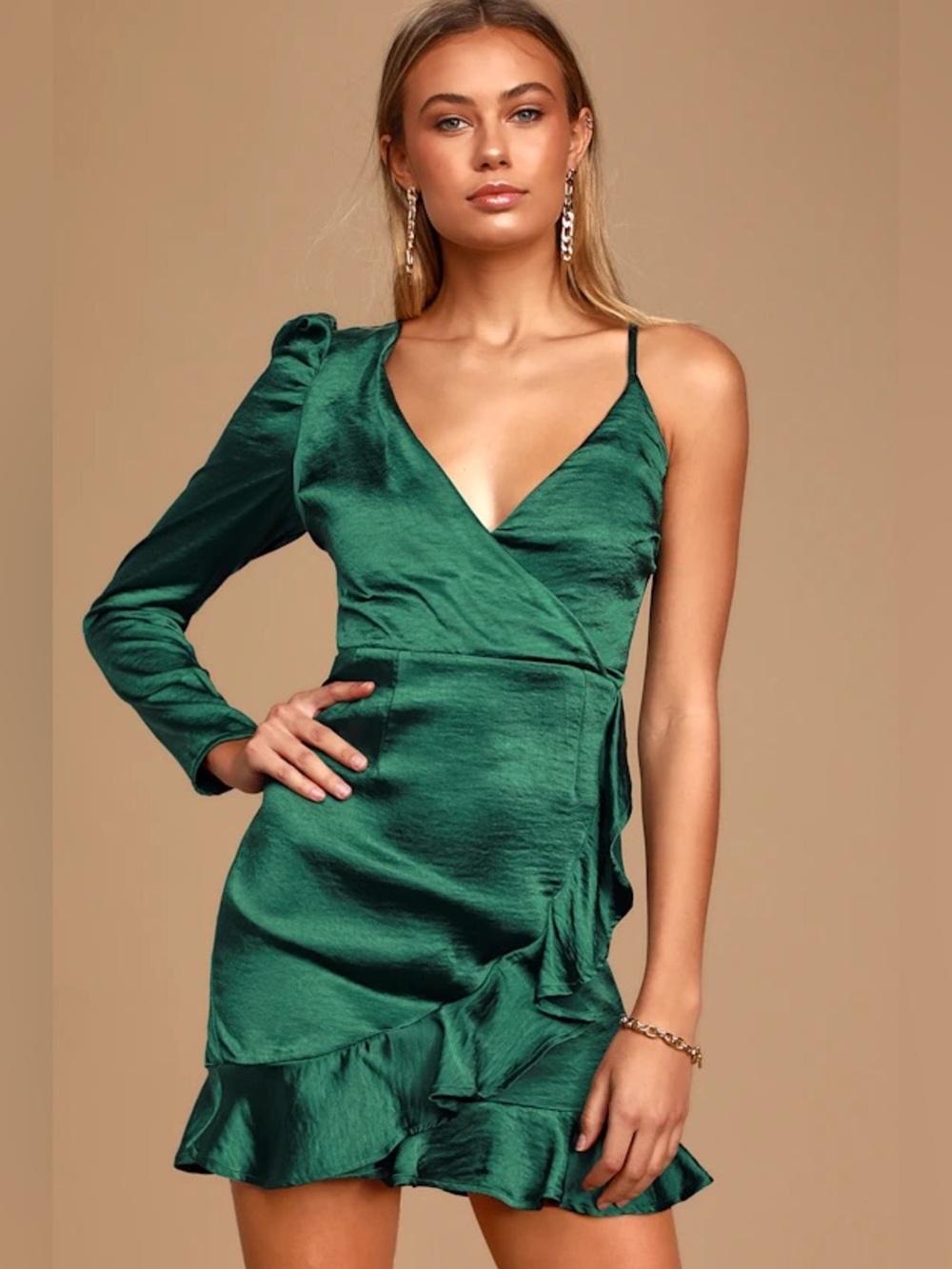 NWT Lulus Moment So Fine Forest Green Ruffled One Shoulder Mini Dress S